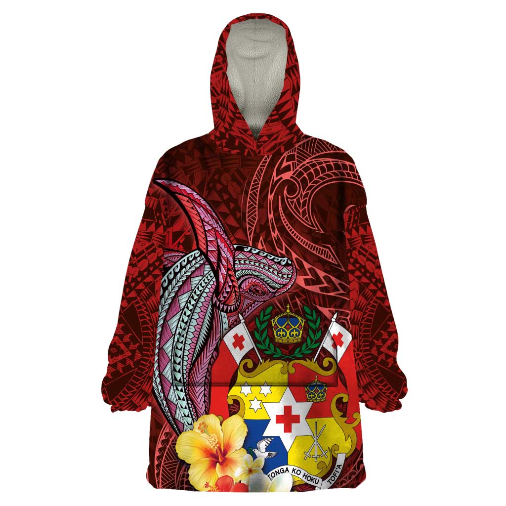 Tonga Humpback Whale Wearable Blanket Hoodie National Seal with Hibiscus and Polynesian Tattoo LT03 One Size Red - Polynesian Pride