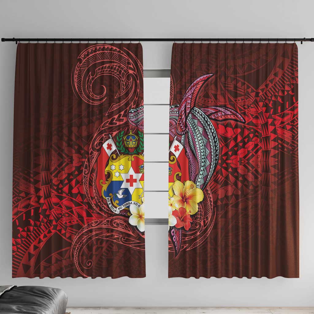 Tonga Humpback Whale Window Curtain National Seal with Hibiscus and Polynesian Tattoo LT03 With Hooks Red - Polynesian Pride