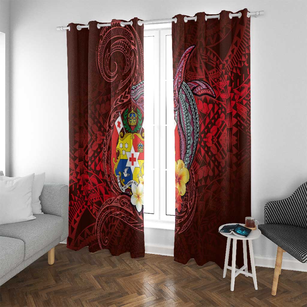 Tonga Humpback Whale Window Curtain National Seal with Hibiscus and Polynesian Tattoo LT03 With Grommets Red - Polynesian Pride