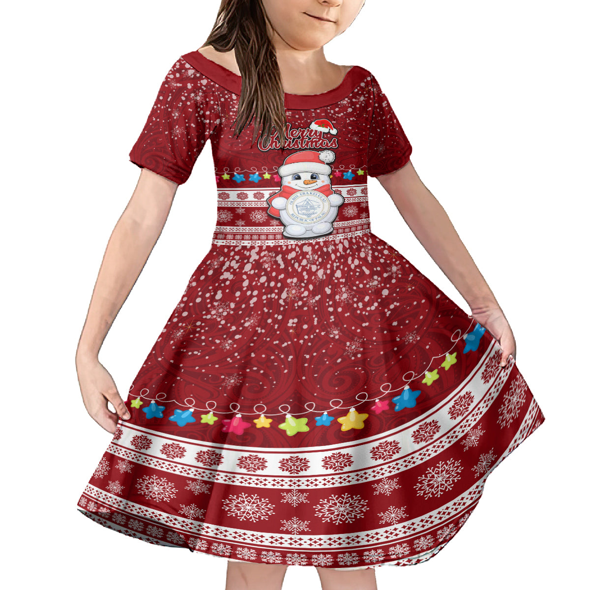 Palau Christmas Kid Short Sleeve Dress Snowman and Palau Coat of Arms Maori Tribal Xmas Style LT03 KID Red - Polynesian Pride
