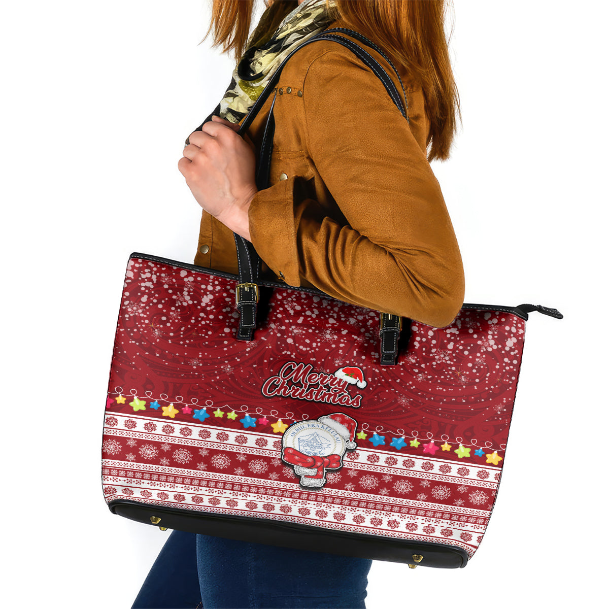 Palau Christmas Leather Tote Bag Snowman and Palau Coat of Arms Maori Tribal Xmas Style LT03 Red - Polynesian Pride