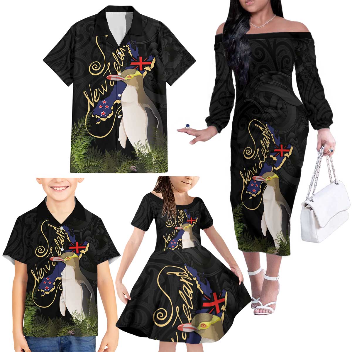 New Zealand Hoiho Family Matching Off The Shoulder Long Sleeve Dress and Hawaiian Shirt Maori Art Tattoo and Silver Fern