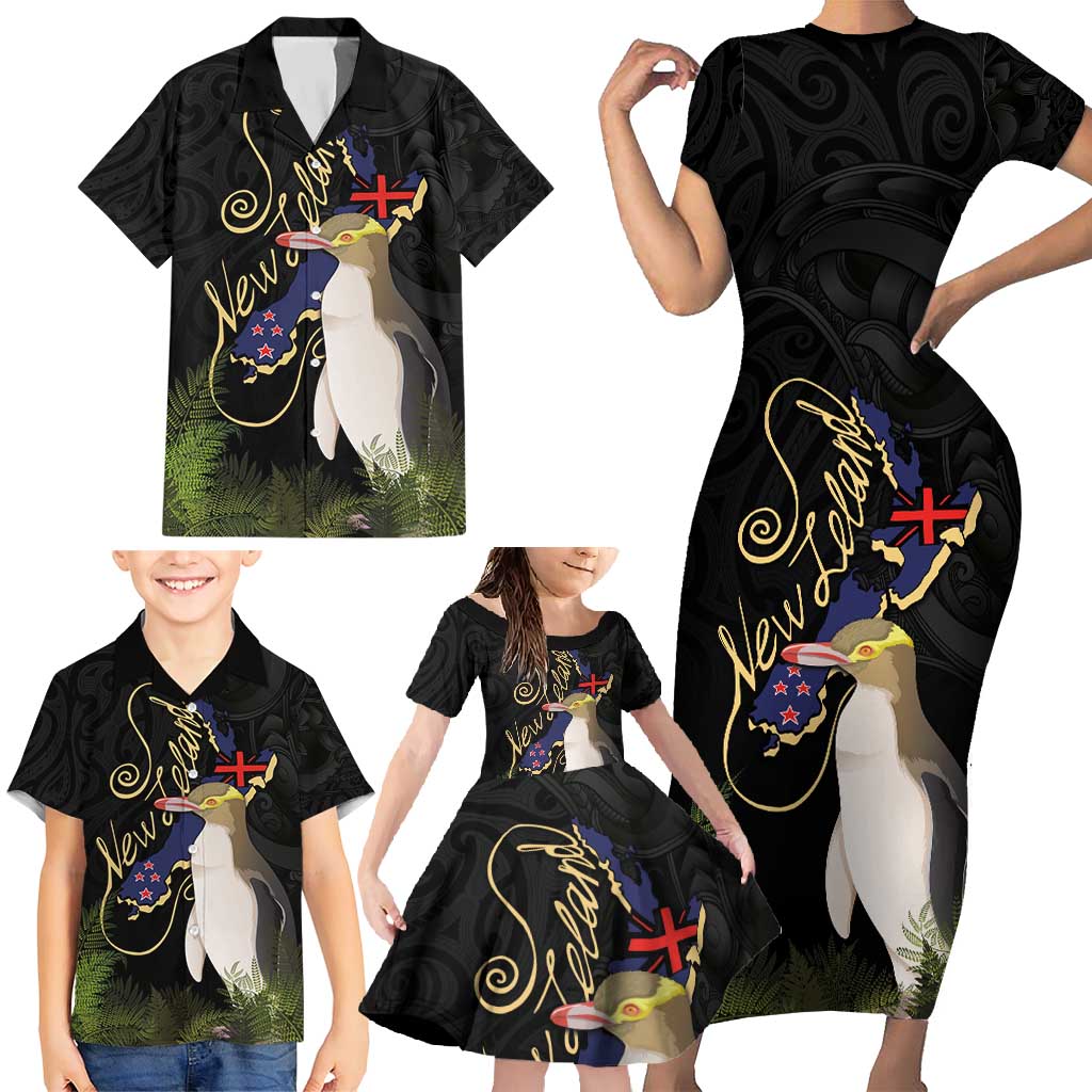 New Zealand Hoiho Family Matching Short Sleeve Bodycon Dress and Hawaiian Shirt Maori Art Tattoo and Silver Fern