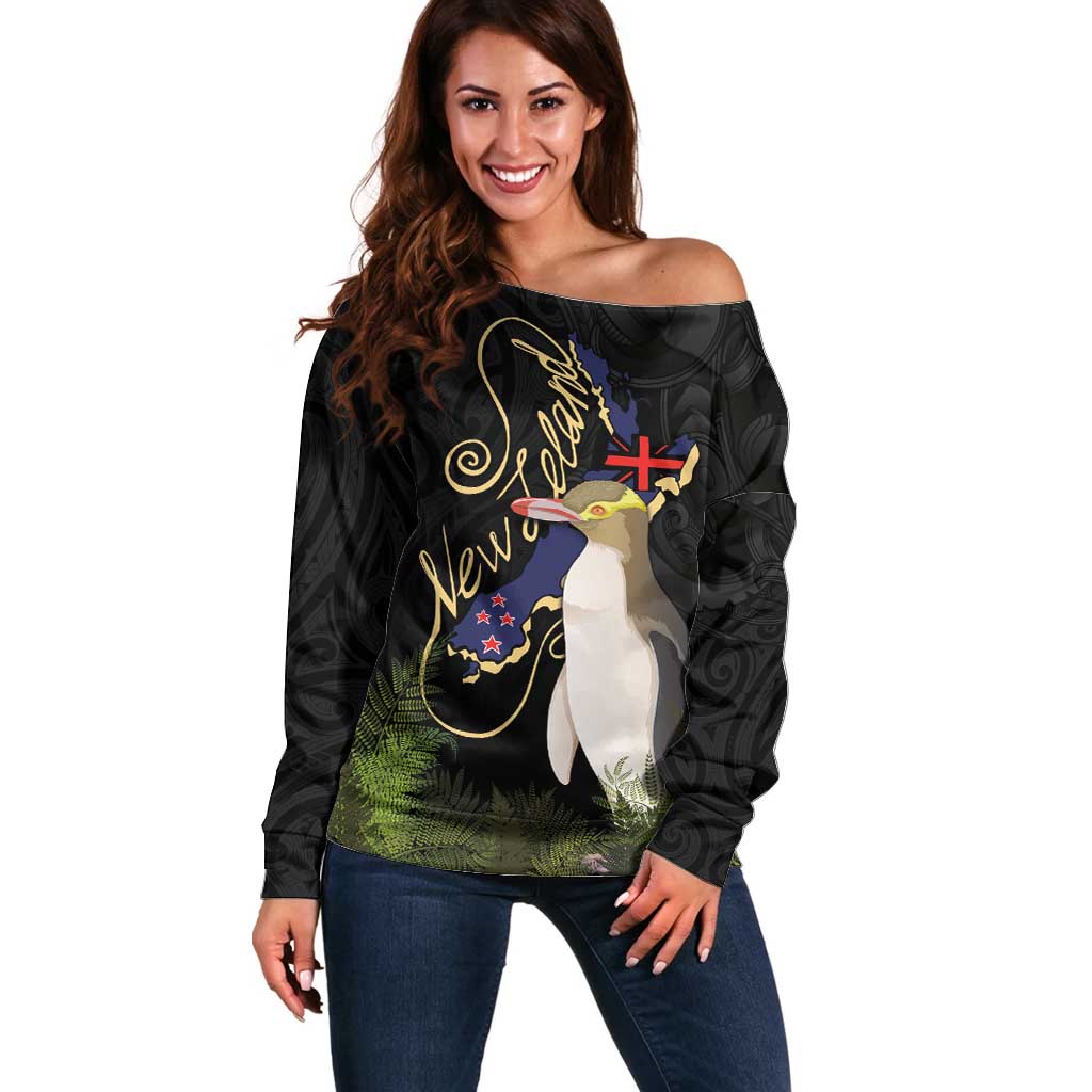 New Zealand Hoiho Off Shoulder Sweater Maori Art Tattoo and Silver Fern LT03 Women Black - Polynesian Pride
