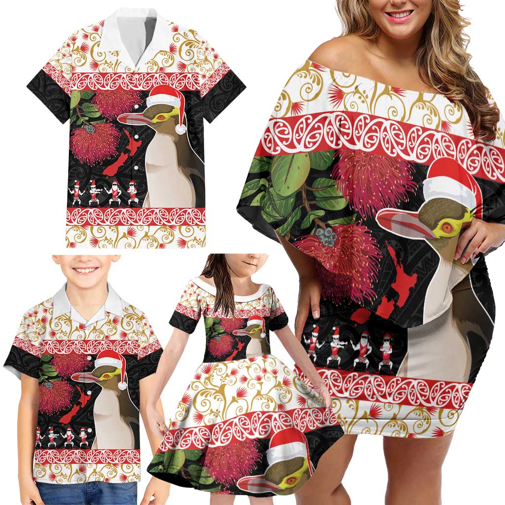 New Zealand Merry Christmas Family Matching Off Shoulder Short Dress and Hawaiian Shirt Hoiho Xmas - Haka Dance and Pohutukawa