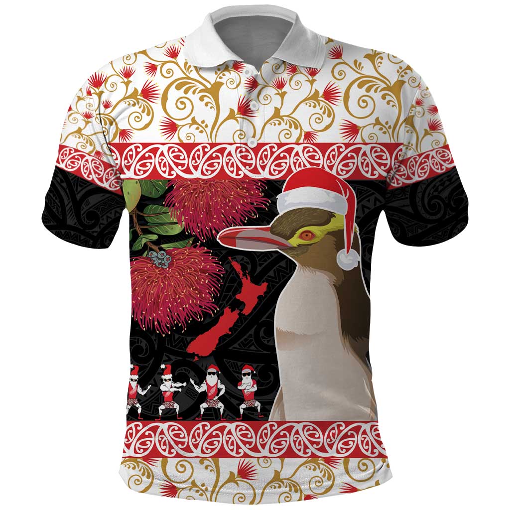 New Zealand Merry Christmas Polo Shirt Hoiho Xmas - Haka Dance and Pohutukawa