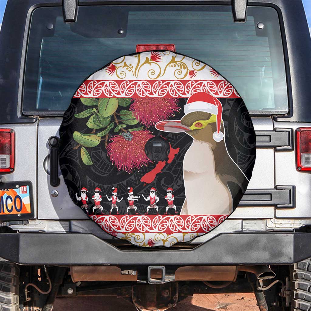 New Zealand Merry Christmas Spare Tire Cover Hoiho Xmas - Haka Dance and Pohutukawa