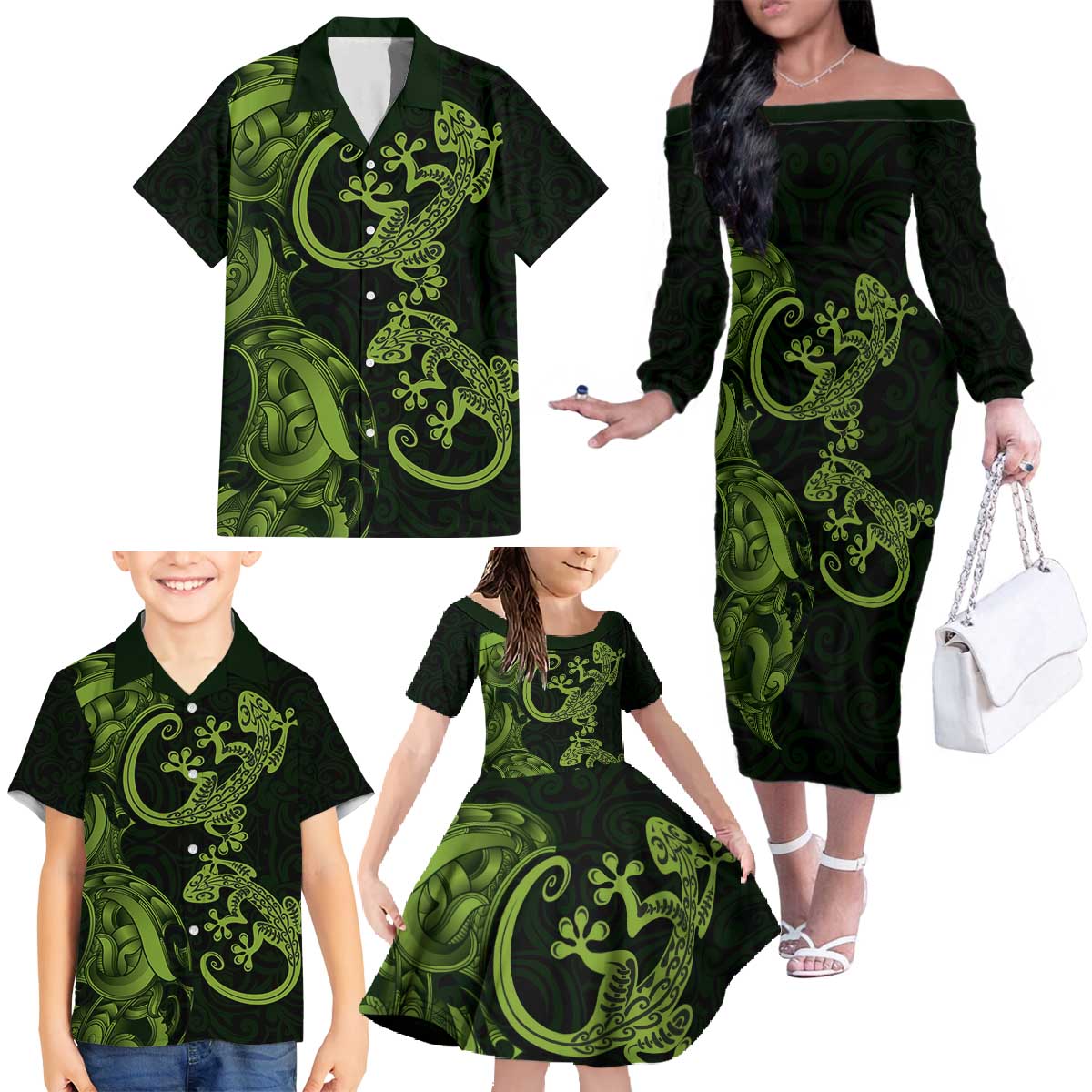 New Zealand Gecko Maori Art Tattoo Family Matching Off The Shoulder Long Sleeve Dress and Hawaiian Shirt