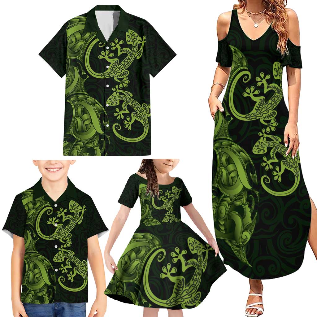 New Zealand Gecko Maori Art Tattoo Family Matching Summer Maxi Dress and Hawaiian Shirt