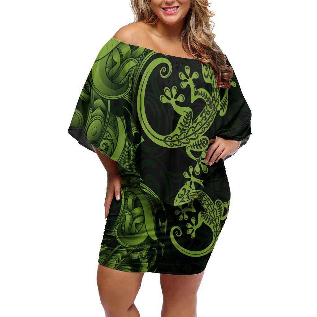 New Zealand Gecko Maori Art Tattoo Off Shoulder Short Dress LT03 Women Green - Polynesian Pride