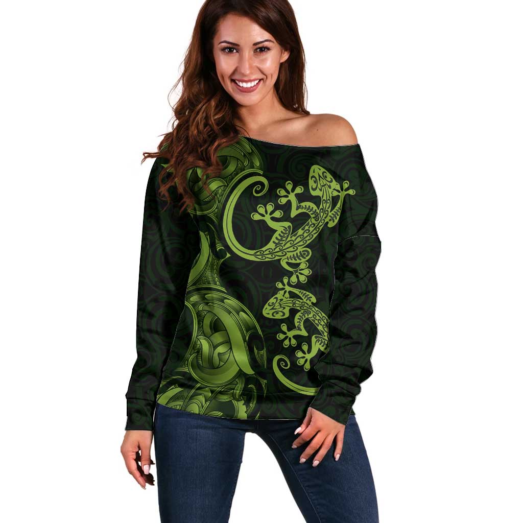 New Zealand Gecko Maori Art Tattoo Off Shoulder Sweater LT03 Women Green - Polynesian Pride