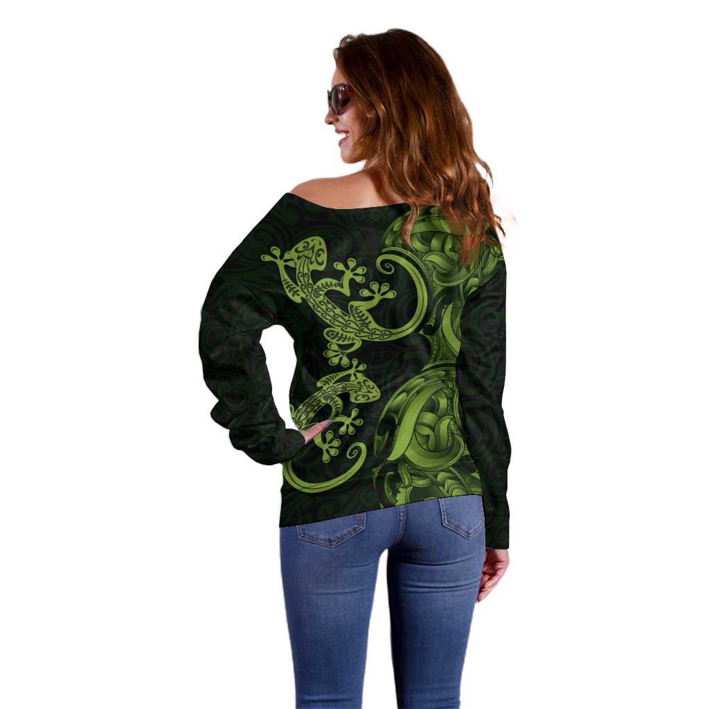 New Zealand Gecko Maori Art Tattoo Off Shoulder Sweater LT03 - Polynesian Pride