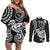 New Zealand Couples Matching Off Shoulder Short Dress and Long Sleeve Button Shirt Stylized Kiwi Bird Tattoo Mix Koru Circle and Maori Ethnic Vibe LT03 Black - Polynesian Pride