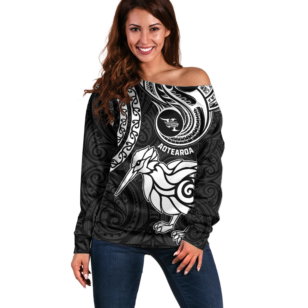 New Zealand Off Shoulder Sweater Stylized Kiwi Bird Tattoo Mix Koru Circle and Maori Ethnic Vibe LT03 Women Black - Polynesian Pride