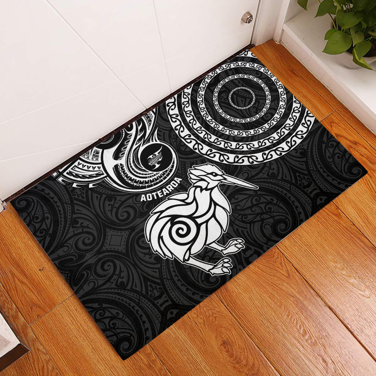 New Zealand Rubber Doormat Stylized Kiwi Bird Tattoo Mix Koru Circle and Maori Ethnic Vibe LT03 Black - Polynesian Pride