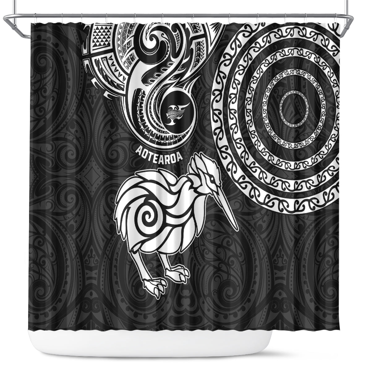 New Zealand Shower Curtain Stylized Kiwi Bird Tattoo Mix Koru Circle and Maori Ethnic Vibe LT03 Black - Polynesian Pride