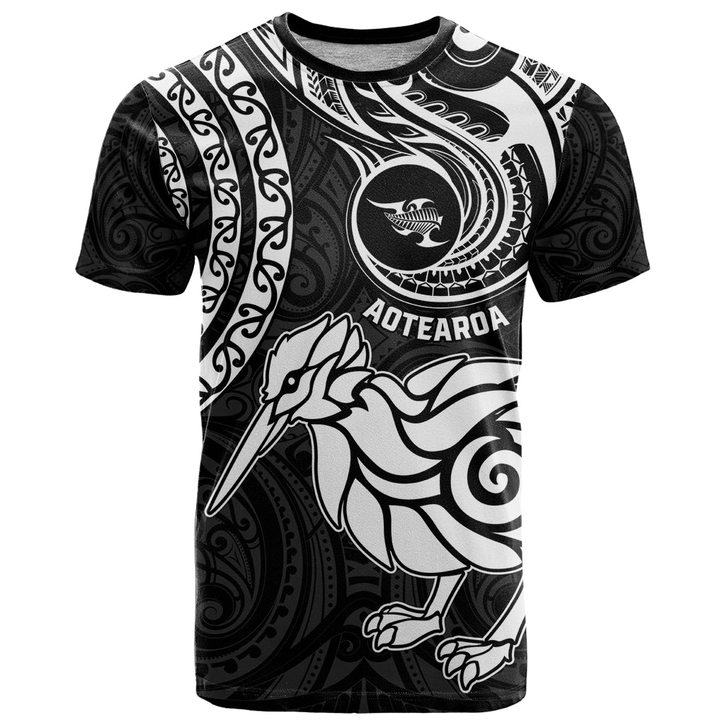 New Zealand T Shirt Stylized Kiwi Bird Tattoo Mix Koru Circle and Maori Ethnic Vibe LT03 Black - Polynesian Pride