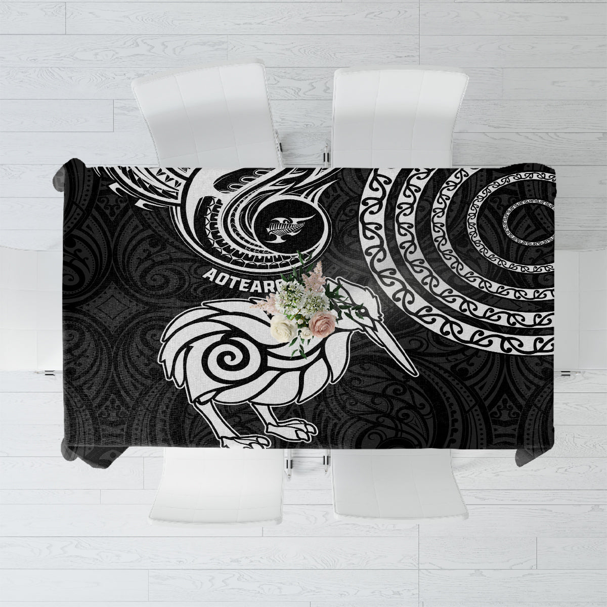 New Zealand Tablecloth Stylized Kiwi Bird Tattoo Mix Koru Circle and Maori Ethnic Vibe LT03 Black - Polynesian Pride