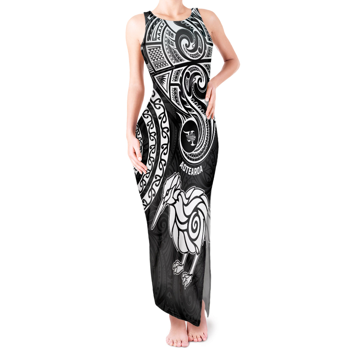 New Zealand Tank Maxi Dress Stylized Kiwi Bird Tattoo Mix Koru Circle and Maori Ethnic Vibe LT03 Women Black - Polynesian Pride