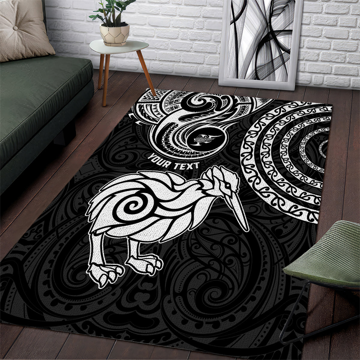 Personalised New Zealand Area Rug Stylized Kiwi Bird Tattoo Mix Koru Circle and Maori Ethnic Vibe LT03 Black - Polynesian Pride