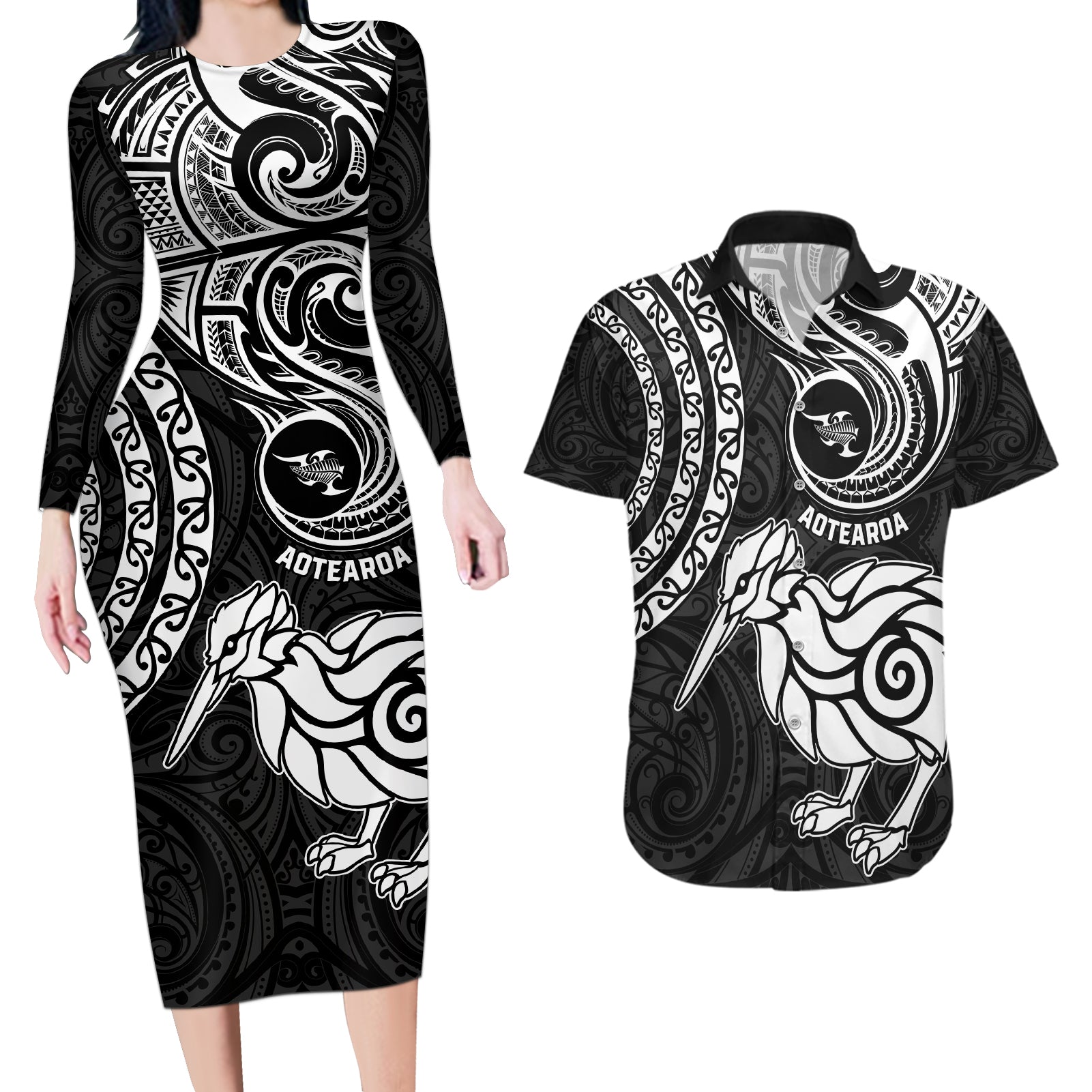 Personalised New Zealand Couples Matching Long Sleeve Bodycon Dress and Hawaiian Shirt Stylized Kiwi Bird Tattoo Mix Koru Circle and Maori Ethnic Vibe LT03 Black - Polynesian Pride