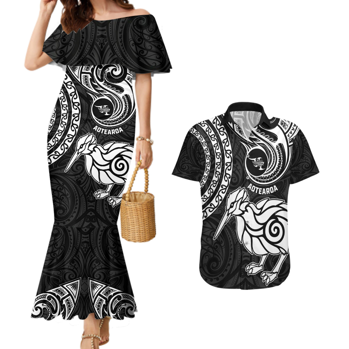 Personalised New Zealand Couples Matching Mermaid Dress and Hawaiian Shirt Stylized Kiwi Bird Tattoo Mix Koru Circle and Maori Ethnic Vibe LT03 Black - Polynesian Pride