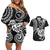 Personalised New Zealand Couples Matching Off Shoulder Short Dress and Hawaiian Shirt Stylized Kiwi Bird Tattoo Mix Koru Circle and Maori Ethnic Vibe LT03 Black - Polynesian Pride