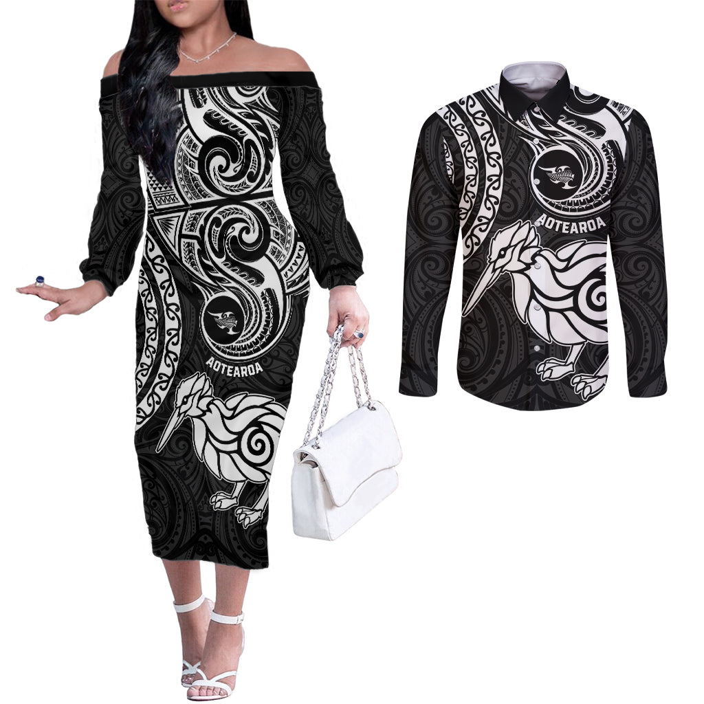 Personalised New Zealand Couples Matching Off The Shoulder Long Sleeve Dress and Long Sleeve Button Shirt Stylized Kiwi Bird Tattoo Mix Koru Circle and Maori Ethnic Vibe LT03 Black - Polynesian Pride