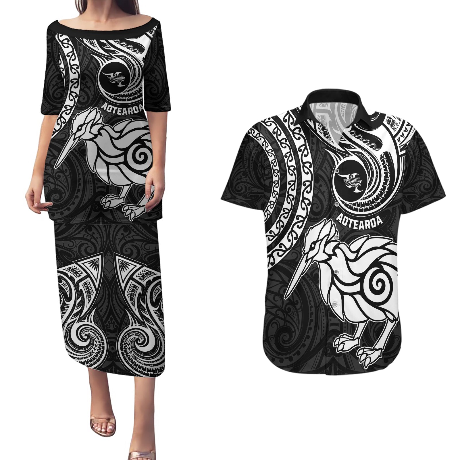 Personalised New Zealand Couples Matching Puletasi Dress and Hawaiian Shirt Stylized Kiwi Bird Tattoo Mix Koru Circle and Maori Ethnic Vibe LT03 Black - Polynesian Pride