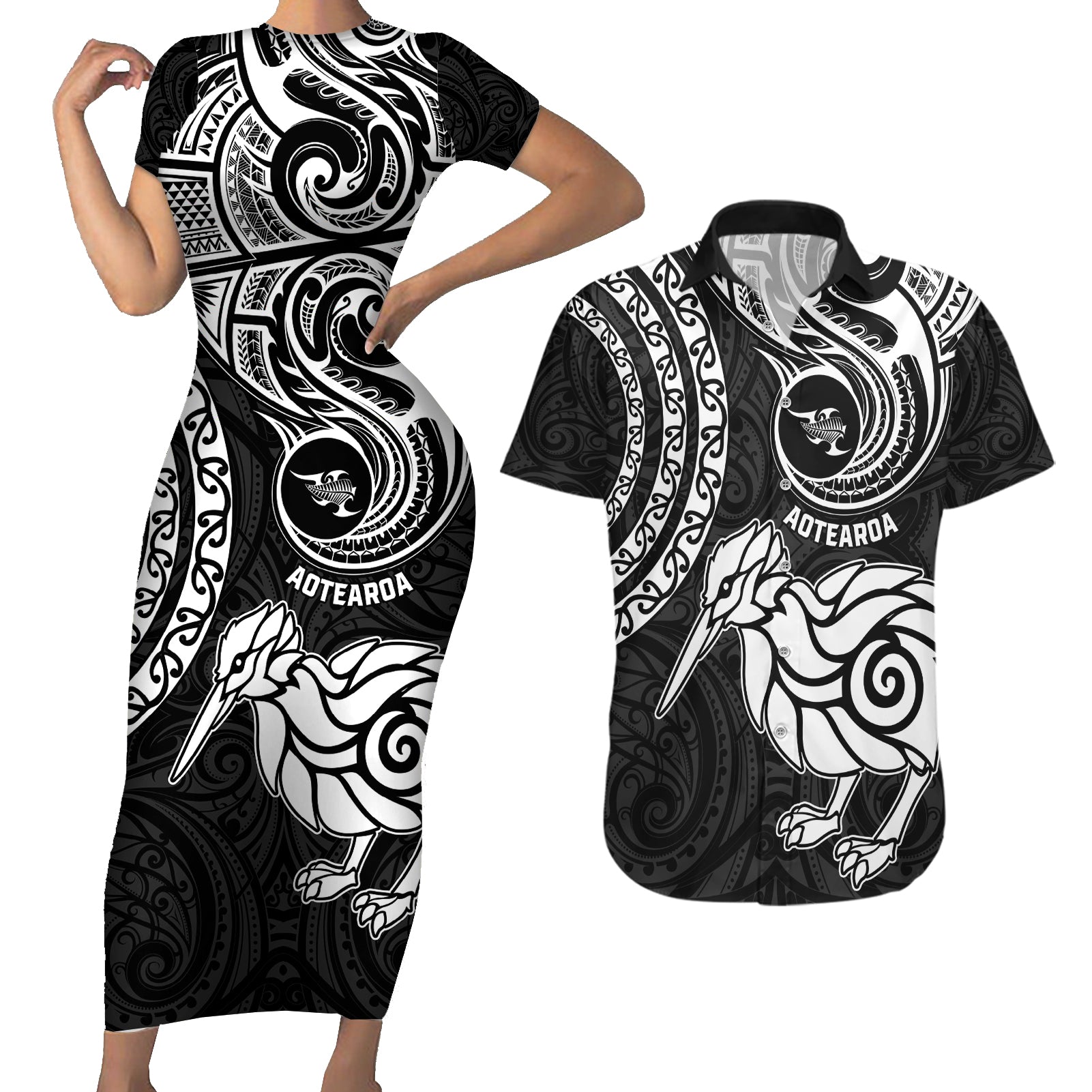 Personalised New Zealand Couples Matching Short Sleeve Bodycon Dress and Hawaiian Shirt Stylized Kiwi Bird Tattoo Mix Koru Circle and Maori Ethnic Vibe LT03 Black - Polynesian Pride