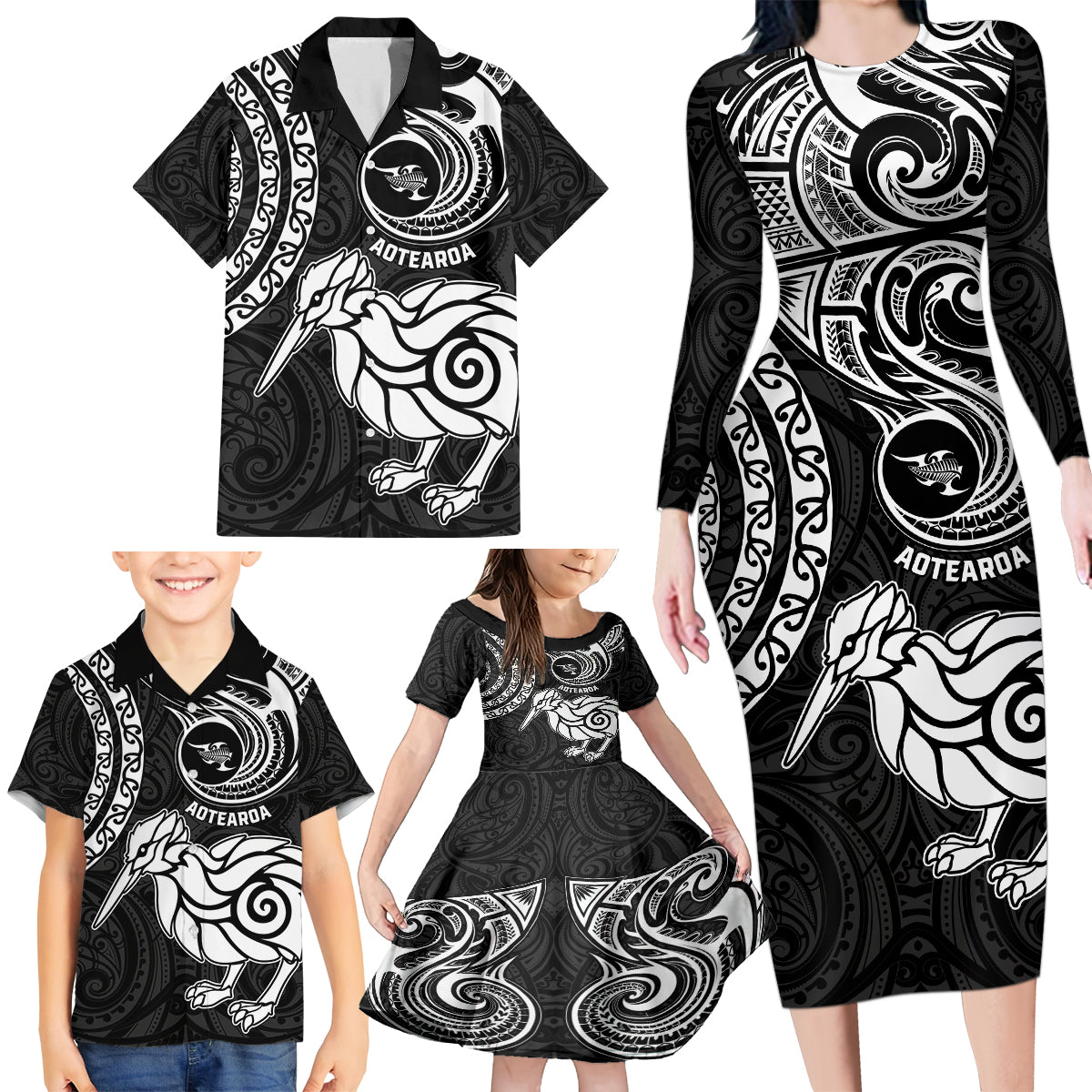 Personalised New Zealand Family Matching Long Sleeve Bodycon Dress and Hawaiian Shirt Stylized Kiwi Bird Tattoo Mix Koru Circle and Maori Ethnic Vibe LT03 - Polynesian Pride