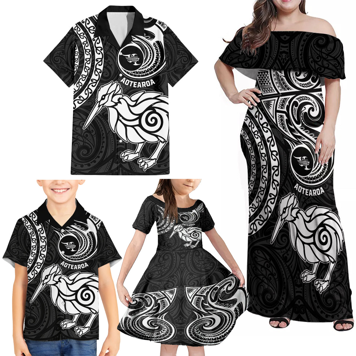 Personalised New Zealand Family Matching Off Shoulder Maxi Dress and Hawaiian Shirt Stylized Kiwi Bird Tattoo Mix Koru Circle and Maori Ethnic Vibe LT03 - Polynesian Pride