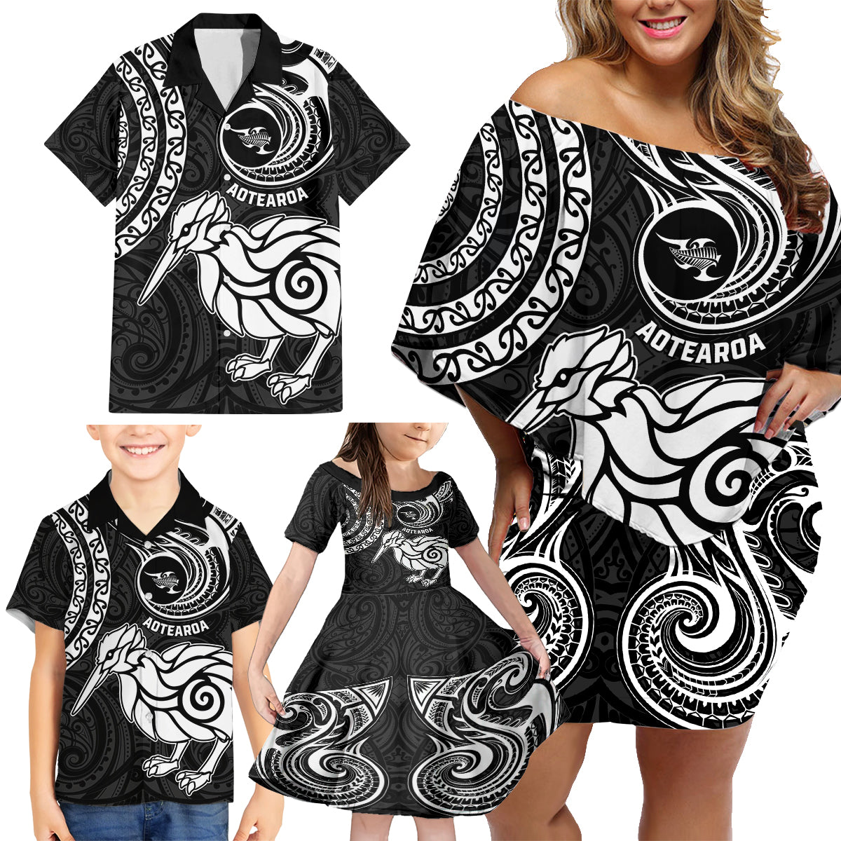 Personalised New Zealand Family Matching Off Shoulder Short Dress and Hawaiian Shirt Stylized Kiwi Bird Tattoo Mix Koru Circle and Maori Ethnic Vibe LT03 - Polynesian Pride