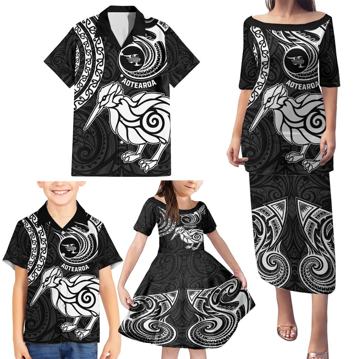 Personalised New Zealand Family Matching Puletasi Dress and Hawaiian Shirt Stylized Kiwi Bird Tattoo Mix Koru Circle and Maori Ethnic Vibe LT03 - Polynesian Pride