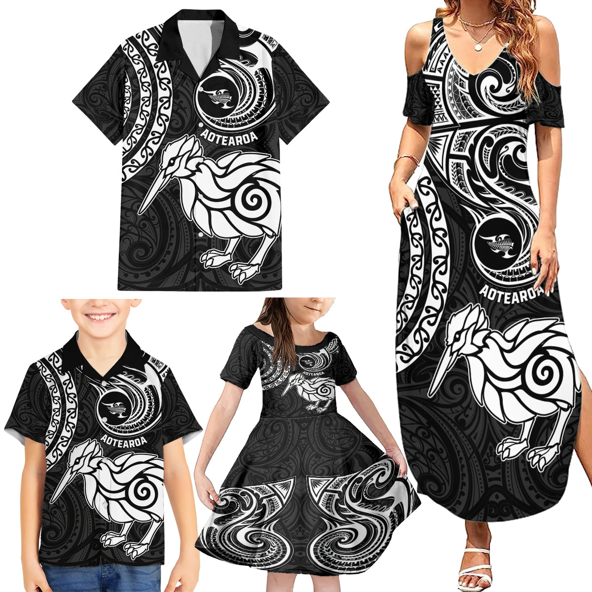 Personalised New Zealand Family Matching Summer Maxi Dress and Hawaiian Shirt Stylized Kiwi Bird Tattoo Mix Koru Circle and Maori Ethnic Vibe LT03 - Polynesian Pride