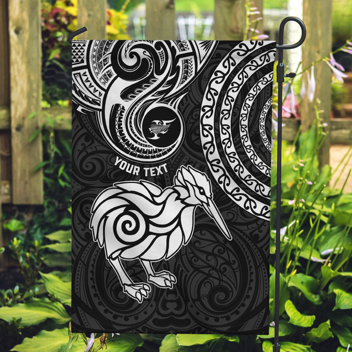 Personalised New Zealand Garden Flag Stylized Kiwi Bird Tattoo Mix Koru Circle and Maori Ethnic Vibe LT03 Garden Flag Black - Polynesian Pride