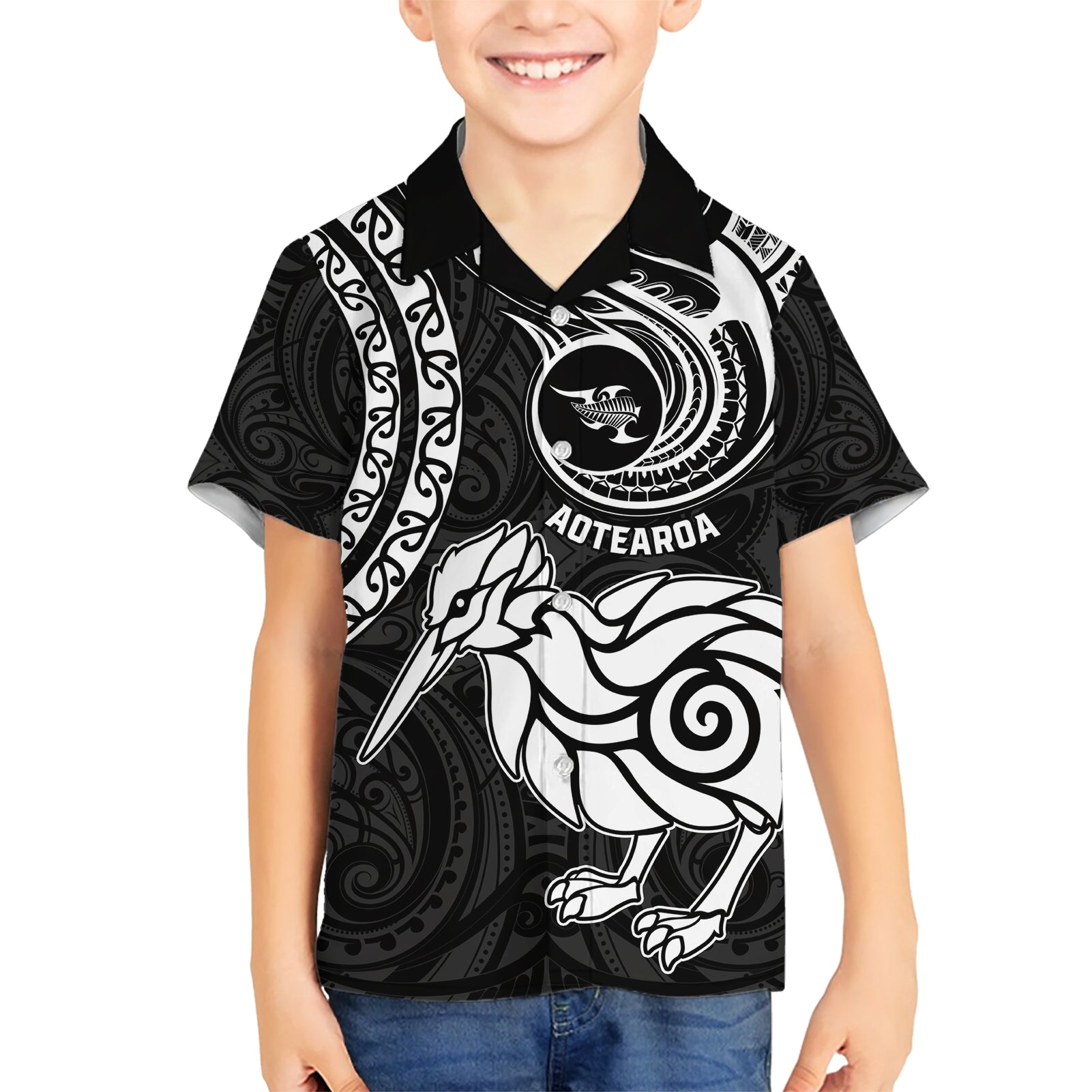 Personalised New Zealand Kid Hawaiian Shirt Stylized Kiwi Bird Tattoo Mix Koru Circle and Maori Ethnic Vibe LT03 Kid Black - Polynesian Pride