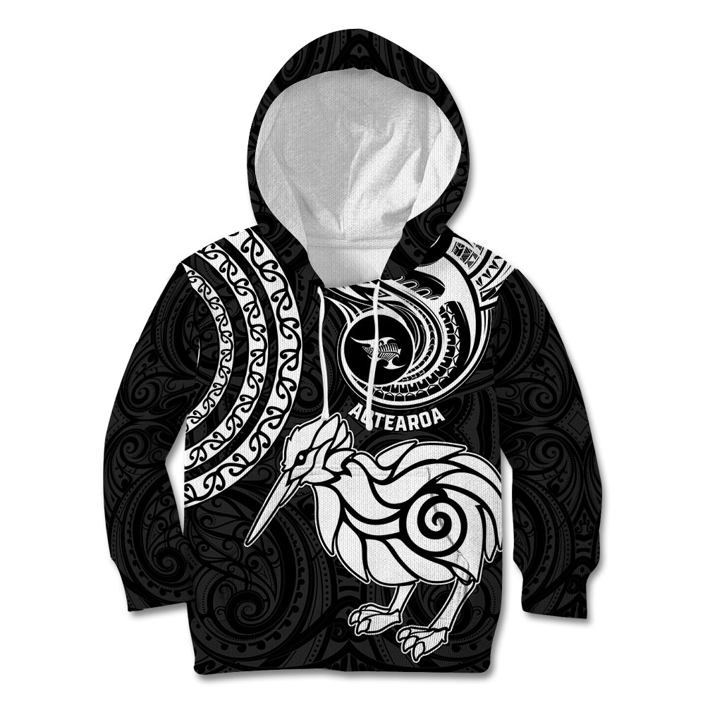 Personalised New Zealand Kid Hoodie Stylized Kiwi Bird Tattoo Mix Koru Circle and Maori Ethnic Vibe LT03 Hoodie Black - Polynesian Pride