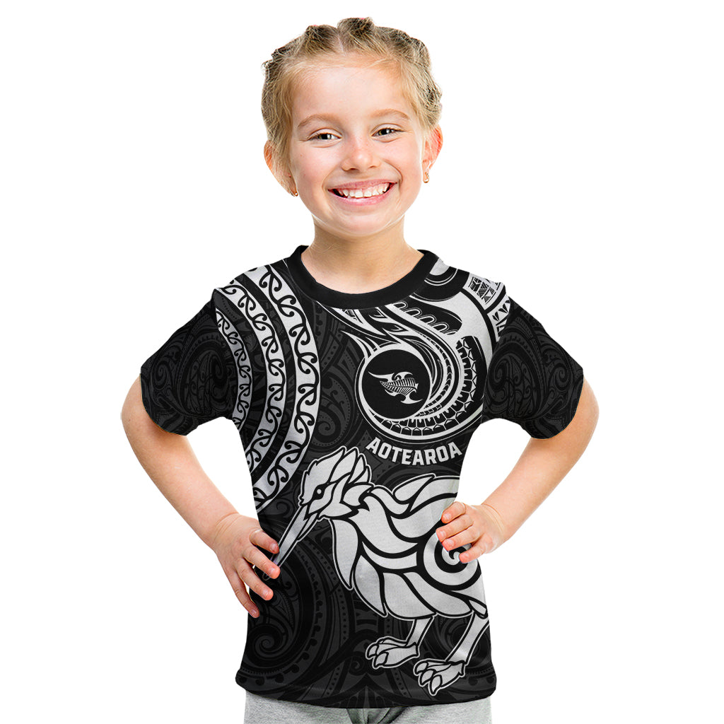 Personalised New Zealand Kid T Shirt Stylized Kiwi Bird Tattoo Mix Koru Circle and Maori Ethnic Vibe LT03 Black - Polynesian Pride