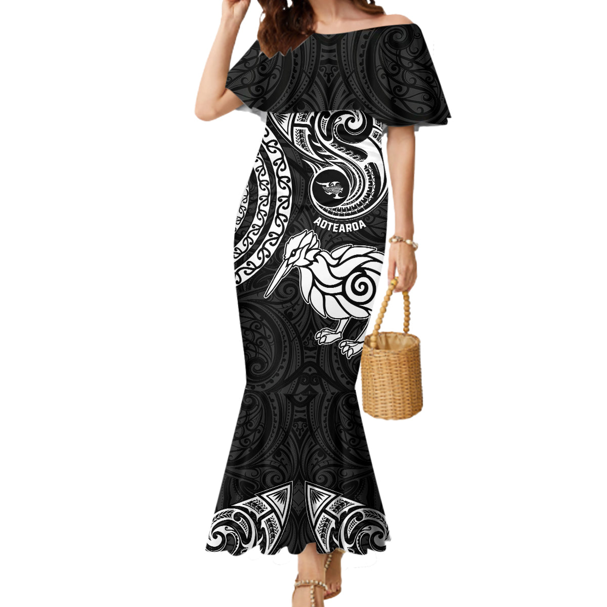 Personalised New Zealand Mermaid Dress Stylized Kiwi Bird Tattoo Mix Koru Circle and Maori Ethnic Vibe LT03 Women Black - Polynesian Pride