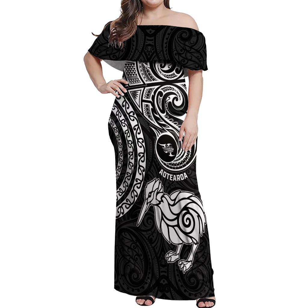 Personalised New Zealand Off Shoulder Maxi Dress Stylized Kiwi Bird Tattoo Mix Koru Circle and Maori Ethnic Vibe LT03 Women Black - Polynesian Pride