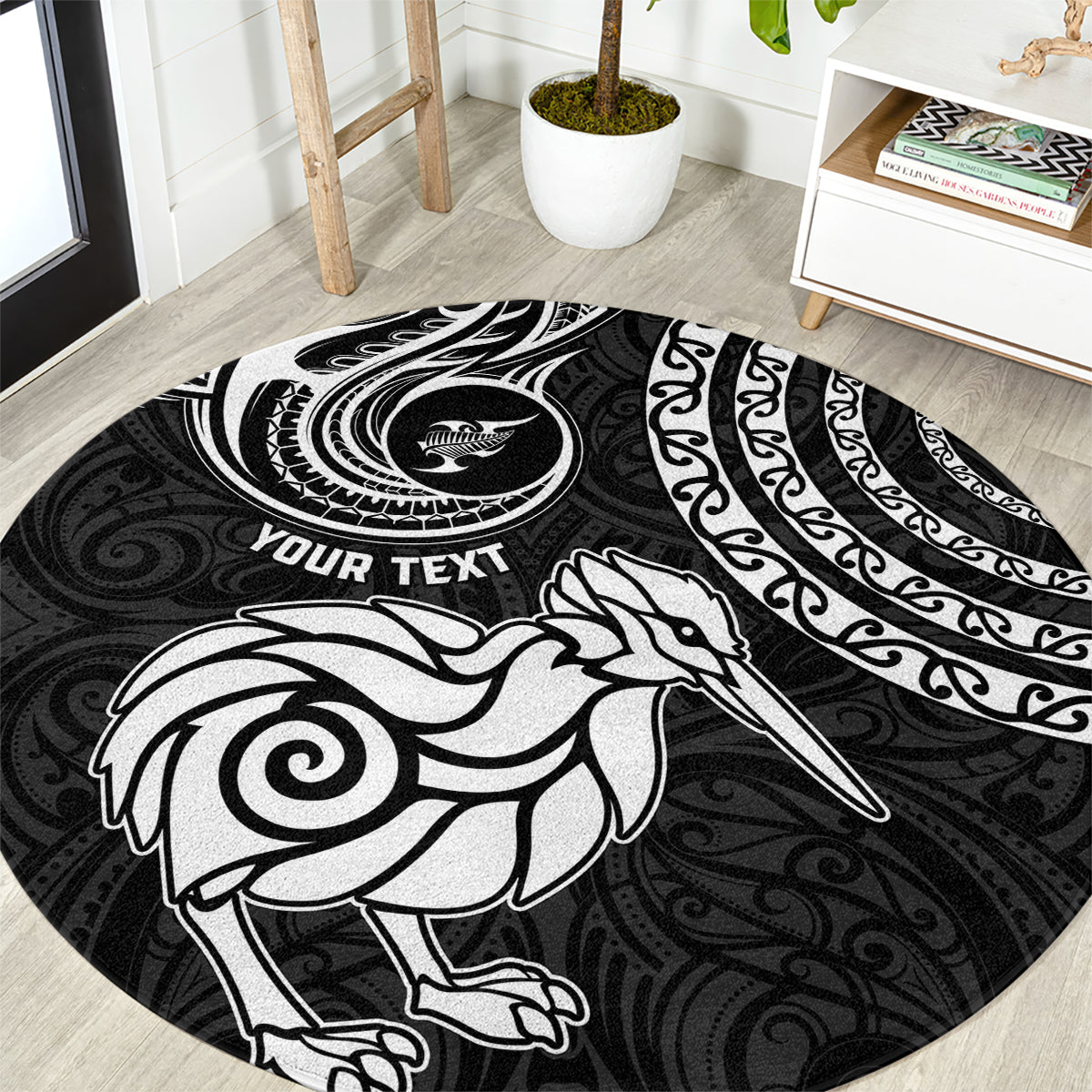 Personalised New Zealand Round Carpet Stylized Kiwi Bird Tattoo Mix Koru Circle and Maori Ethnic Vibe LT03 Black - Polynesian Pride