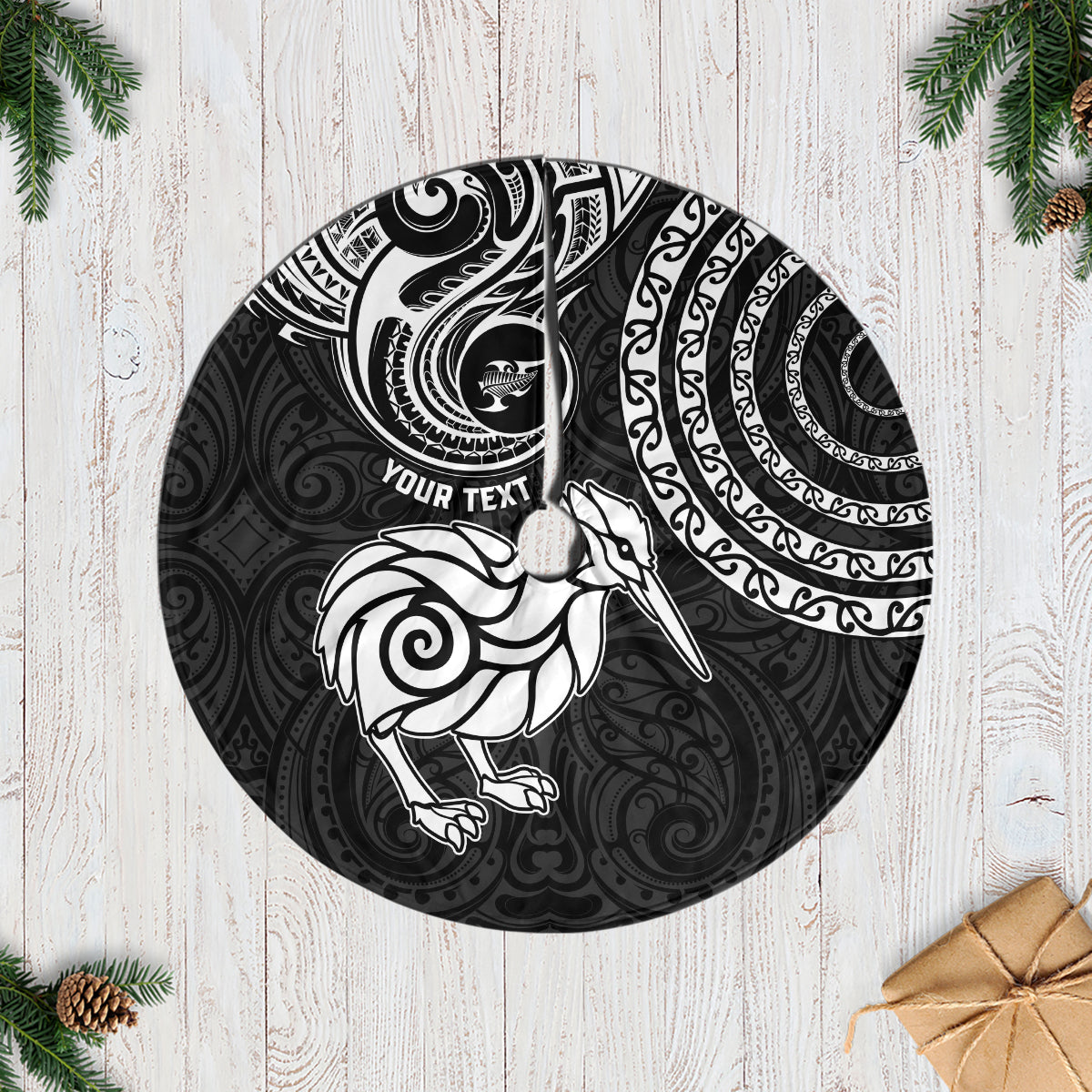 Personalised New Zealand Tree Skirt Stylized Kiwi Bird Tattoo Mix Koru Circle and Maori Ethnic Vibe LT03 Black - Polynesian Pride