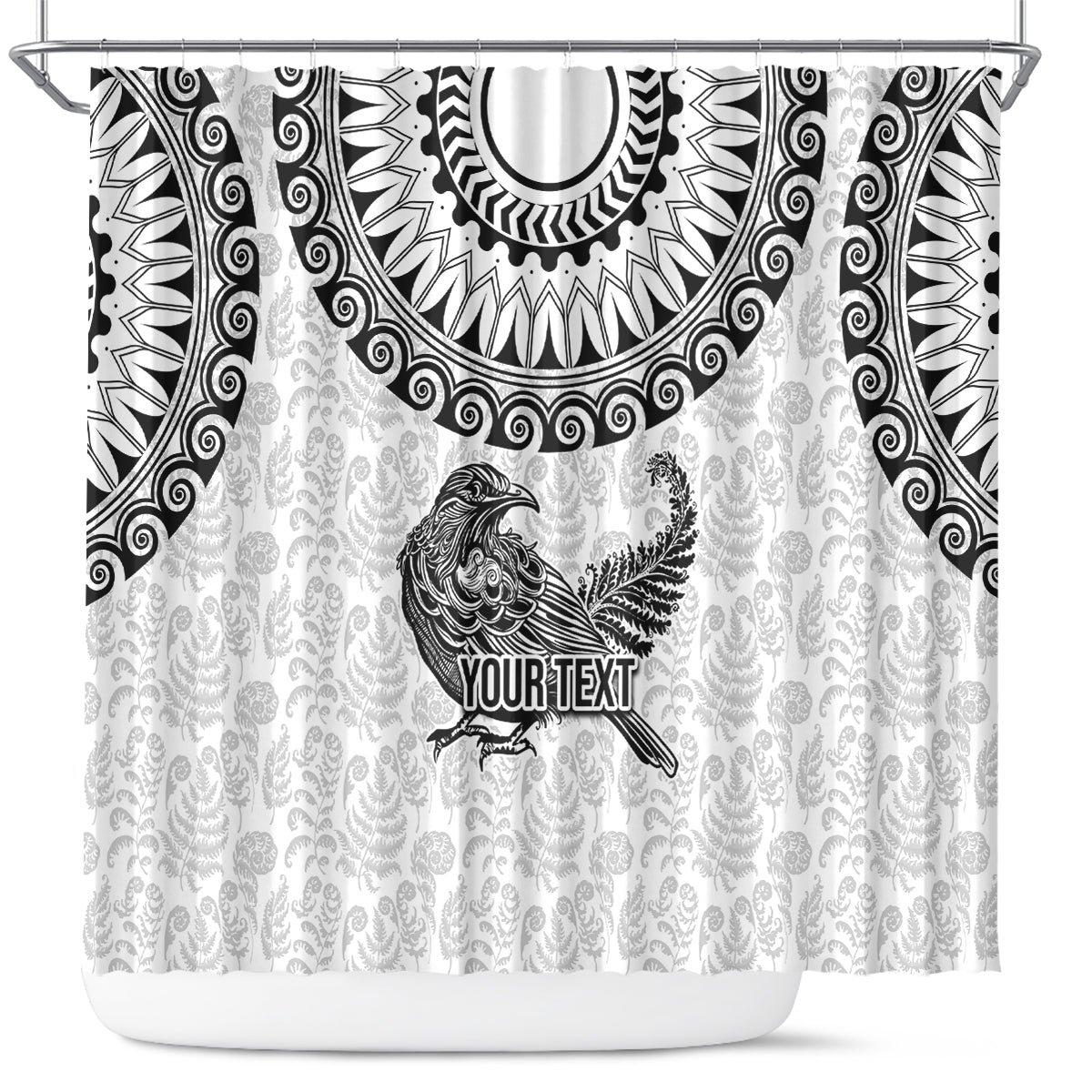 Custom New Zealand Shower Curtain Tui Bird and Koru Circle Mix Silver Fern Pattern LT03 White - Polynesian Pride