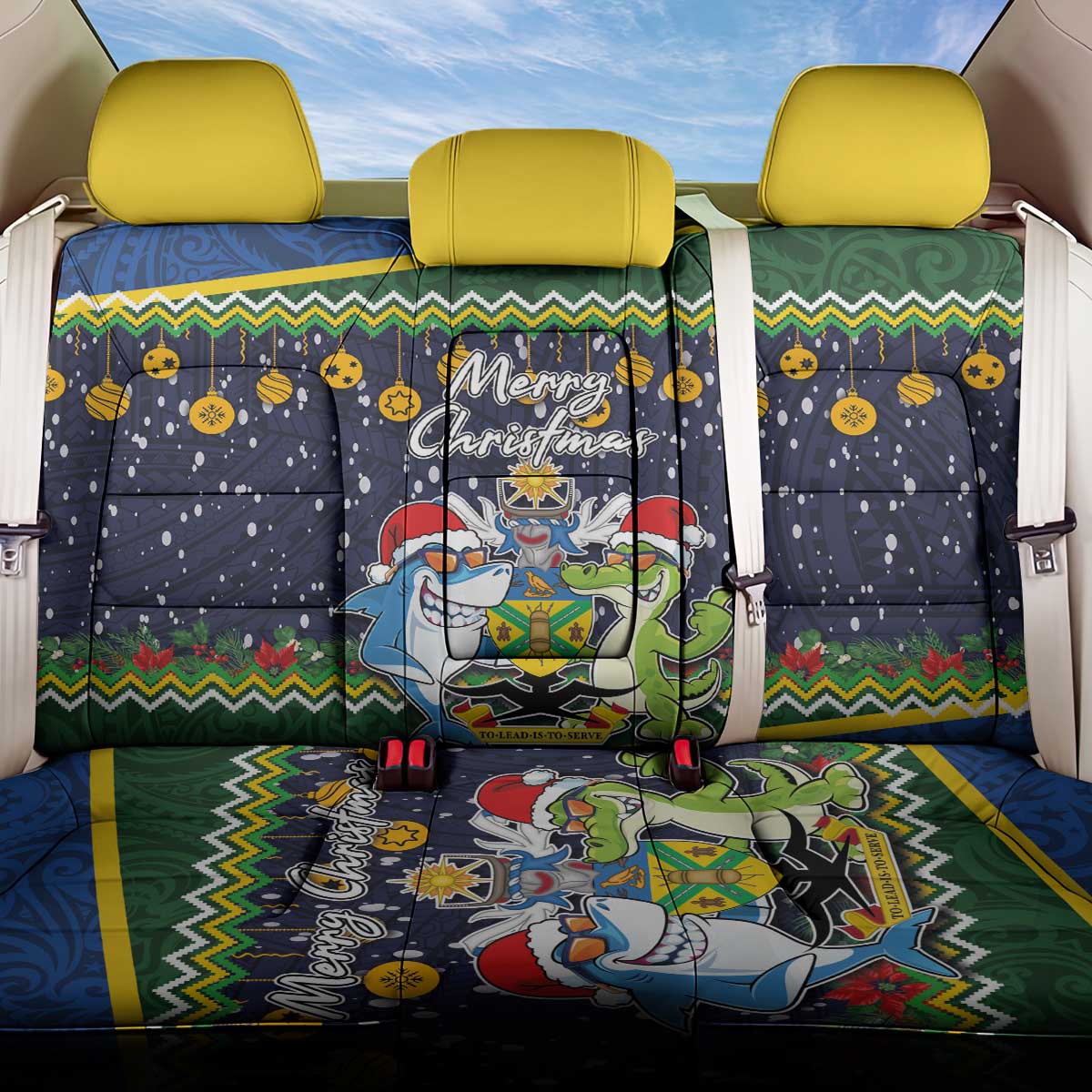 Funny Crocodile and Shark Solomon Islands Christmas Back Car Seat Cover with National Seal Melanesian Pattern LT03 One Size Blue - Polynesian Pride