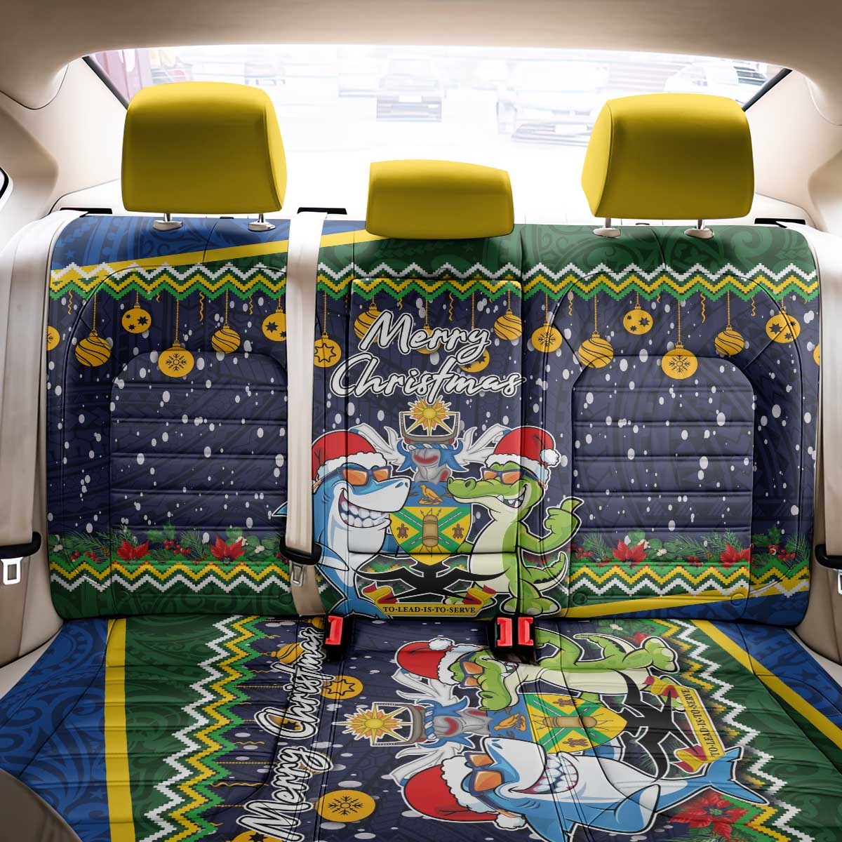 Funny Crocodile and Shark Solomon Islands Christmas Back Car Seat Cover with National Seal Melanesian Pattern LT03 - Polynesian Pride