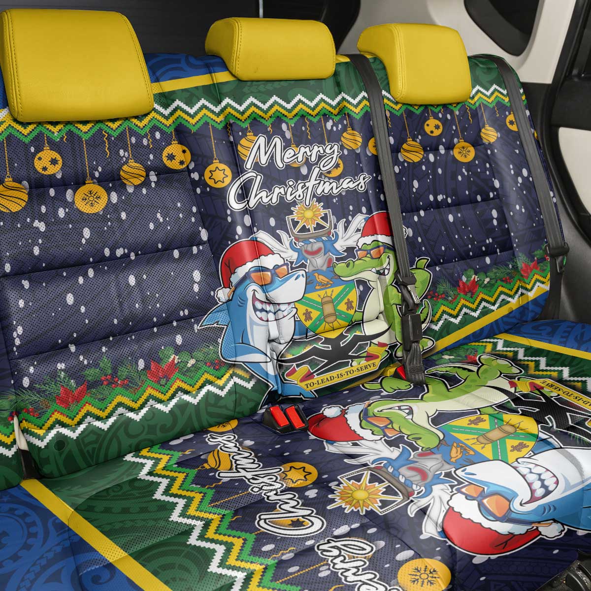 Funny Crocodile and Shark Solomon Islands Christmas Back Car Seat Cover with National Seal Melanesian Pattern LT03 - Polynesian Pride