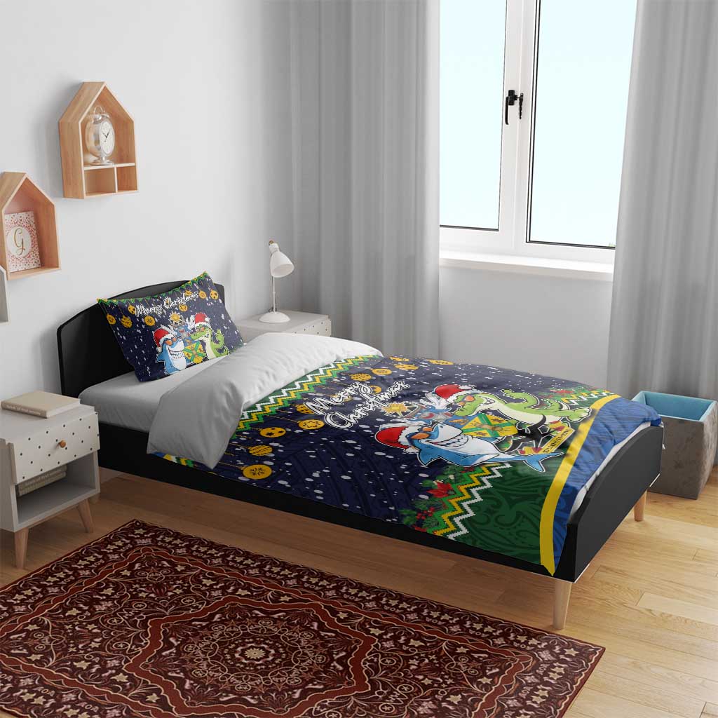 Funny Crocodile and Shark Solomon Islands Christmas Bedding Set with National Seal Melanesian Pattern LT03 - Polynesian Pride