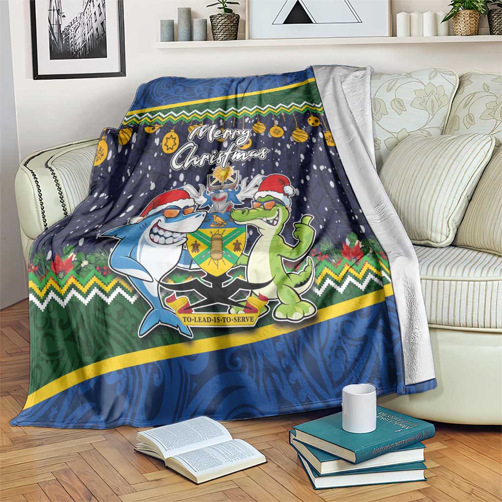 Funny Crocodile and Shark Solomon Islands Christmas Blanket with National Seal Melanesian Pattern LT03 Blue - Polynesian Pride