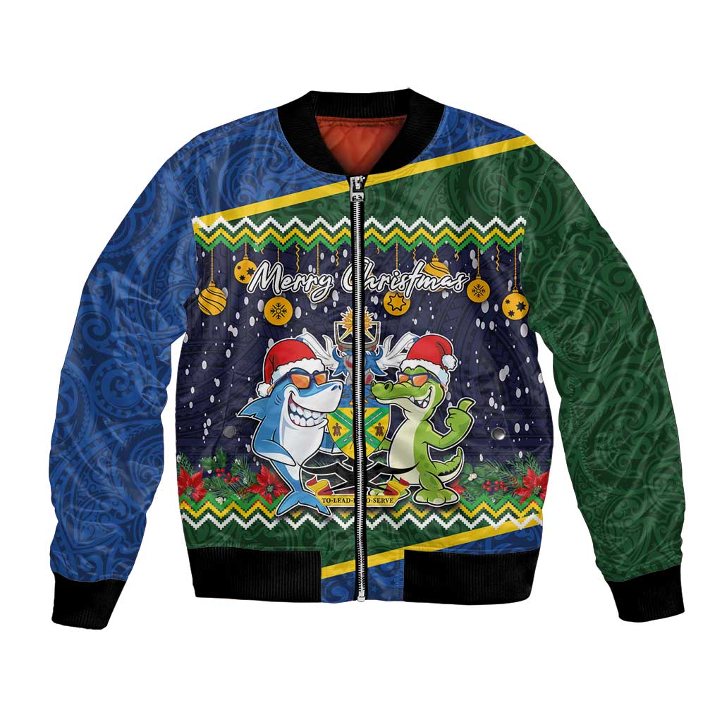 Funny Crocodile and Shark Solomon Islands Christmas Bomber Jacket with National Seal Melanesian Pattern LT03 Unisex Blue - Polynesian Pride